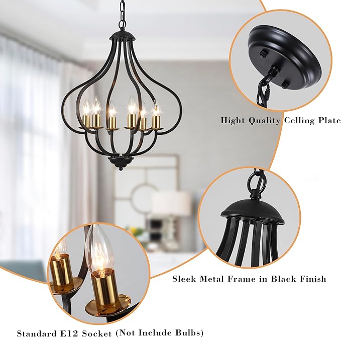 6 Lights Black Farmhouse Chandelier for Dining Room, Vintage Pendant Light Fixture Adjustable Hanging for Kitchen Island Foyer Hallway