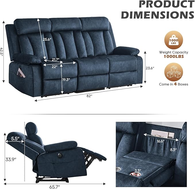 Power Reclining Sofa with Heat and Massage, Electric Reclining Couch with Drop Down Table,Cup Holders, Dual Ports, Wall Hugger Recliner Sofa for Living Room,Home Theater (Blue, Sofa)