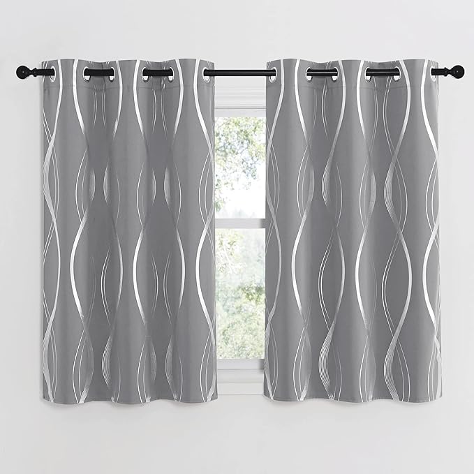 NICETOWN Kitchen Blackout Curtain Panels, Silver Grey, Set of 2, 34 by 45 Inch, Window Treatment Thermal Insulated Solid Grommet Blackout Wave Line Foil Print Design Curtains for Kitchen, Cafe, Loft