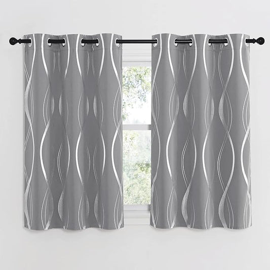 NICETOWN Kitchen Blackout Curtain Panels, Silver Grey, Set of 2, 34 by 45 Inch, Window Treatment Thermal Insulated Solid Grommet Blackout Wave Line Foil Print Design Curtains for Kitchen, Cafe, Loft