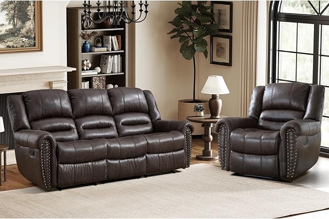 EBELLO Manual Recliner Sofa Set, Faux Leather Fabric Reclining Living Room Set, Included Single Recliner Chair and 3 Seat Manual Sofa,Vintage Rivet Mid-Century Design for Living Room, Dark Brown