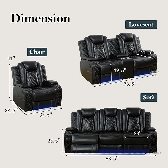 Power Recliner Sofa Set, Leather Reclining Sofa Sets with LED Lights, Living Room Furniture Set, Loveseat with Console Storage, Recliner Couch with USB Port (Sofa and Loveseat, Black)