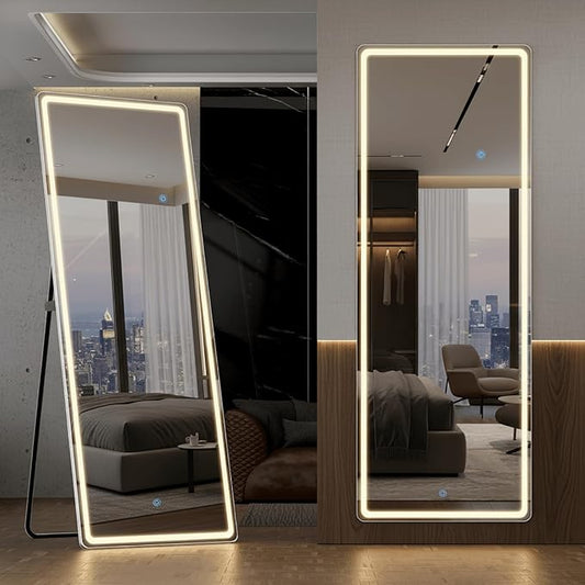 Alpen LED Full Length Mirror with Lights, 71" x 26" LED Floor Mirror with Stand, Full Body Dressing Mirrors with Dimming & 3 Color Lighting, Hanging Mounted Mirrors for Living Room Bedroom Cloakroom