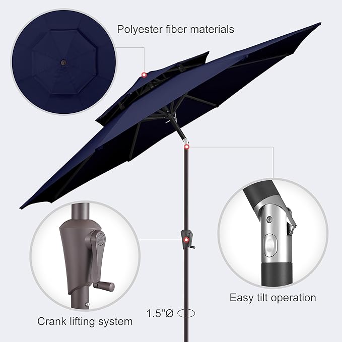 9FT Outdoor Patio Umbrella - 2 Tiers Table Umbrella Waterprool UV Protection, Sombrillas de Patio with Push Button Tilt, Sun Umbrella for Pool, Porch, Garden, Backyard (Navy Blue)