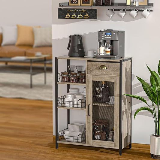 X-cosrack 3 Tier Coffee Bar Table with Storage Drawer, 35.8" H Adjustable Shelf Farmhouse Coffee Stand Station Table for Corner, Kitchen, Dining, Liquor Cabinet Rustic Wood Coffee Table-Grey
