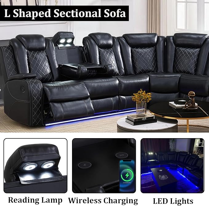 Power Reclining Sectional Sofa Set with LED Lights, Vegan Leather Recliner Sectional Couch for Living Room Furniture,Wireless Charging/USB Charging/Reading Lamp/Armrest Storage,Black