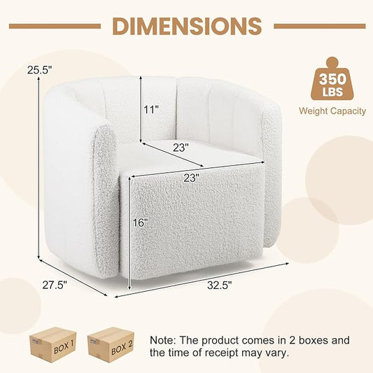 KOMFOTT Swivel Barrel Chair Set of 2, Sherpa Fabric Accent Chair with Curved Backrest & Armrests, Upholstered Armchair with Wide Seat, Pumpkin Shaped Single Sofa Chair for Living Room, Bedroom, White