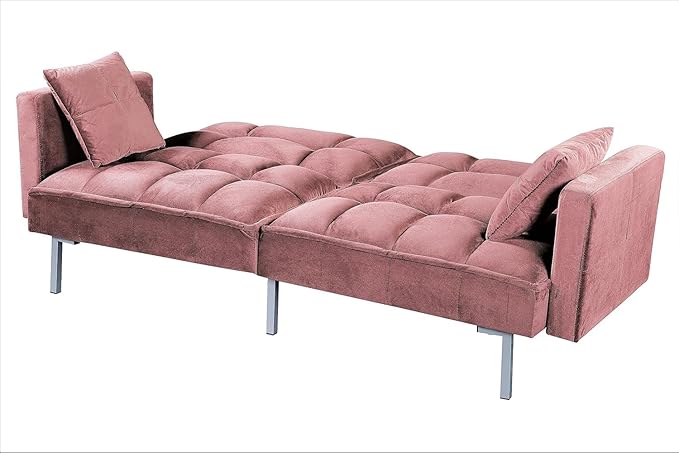 Container Furniture Direct Regal 75.6" Velvet Convertible Sofa Bed - Mid-Century Sleeper Couch w/Tufted Design & Metal Legs - Pull-Out Futon for Guests/Home (75.6" W x 34.6" D x 32" H), Rose