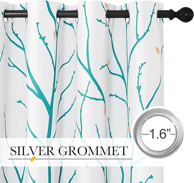 NICETOW Twisted Branch Room Darkening White Curtains, Thermal Insulated Grommet Decorative Curtain Drapes with Flower Petals Light Blocking for Living Room/Bedroom, Teal, W52 x L84, 2 Panels