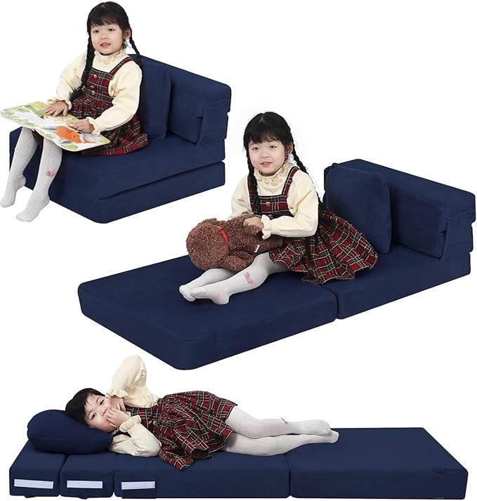 MeMoreCool Foldable Futon Chair Bed for Kids, Toddler Sofa Mattress, Convertible Foam Floor Couch, Tri-fold Sleeping Mattress (Navy)