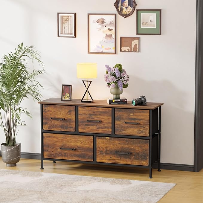 FDW 5 Fabric Drawers Dresser for Bedroom,Chest Organizer Units with Steel Frame and Wooden Top for Bedroom,Closet,Living Room, Entryway,Brown