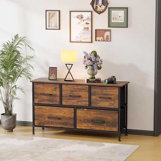 FDW 5 Fabric Drawers Dresser for Bedroom,Chest Organizer Units with Steel Frame and Wooden Top for Bedroom,Closet,Living Room, Entryway,Brown