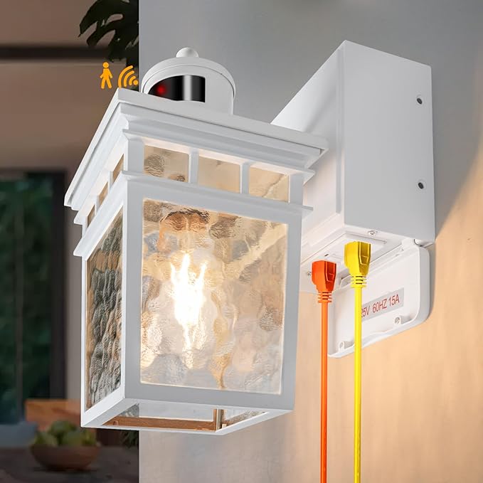 Porch Light Outdoor with GFCI Outlet - 3 Lighting Modes Exterior Light Fixture, Dusk to Dawn Motion Sensor Wall Mount Outside Lights for House,Garage,Front Door, Patio