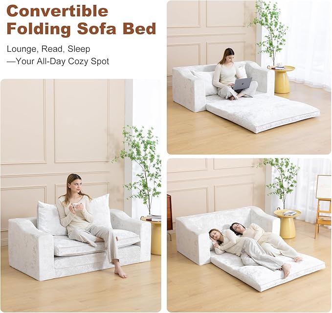 61" Convertible Sofa Bed Loveseat, Memory Foam Boneless Floor Couch with Removable Plush Velvet Cover, Tri-folding Compact Full-size Sleeper for Small Living Room, Playroom, Guest Room, RV (Off White) | Convertible Sofa Bed, Premium Memory Foam, Ergono...