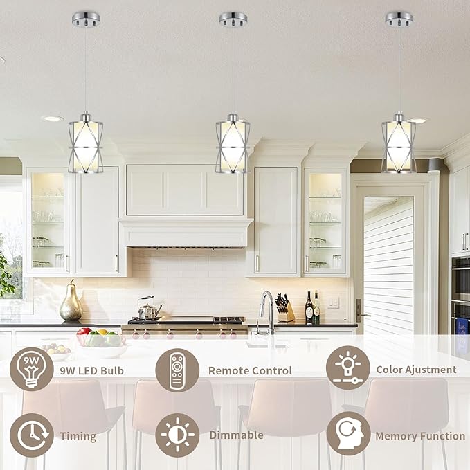Pendant Lights Kitchen Island with LED Bulb & Remote Control, Height Adjustable Cord Pendant Lights with Frosted Glass, Modern Island Lights for Kitchen, Hanging Lights for Dining Room