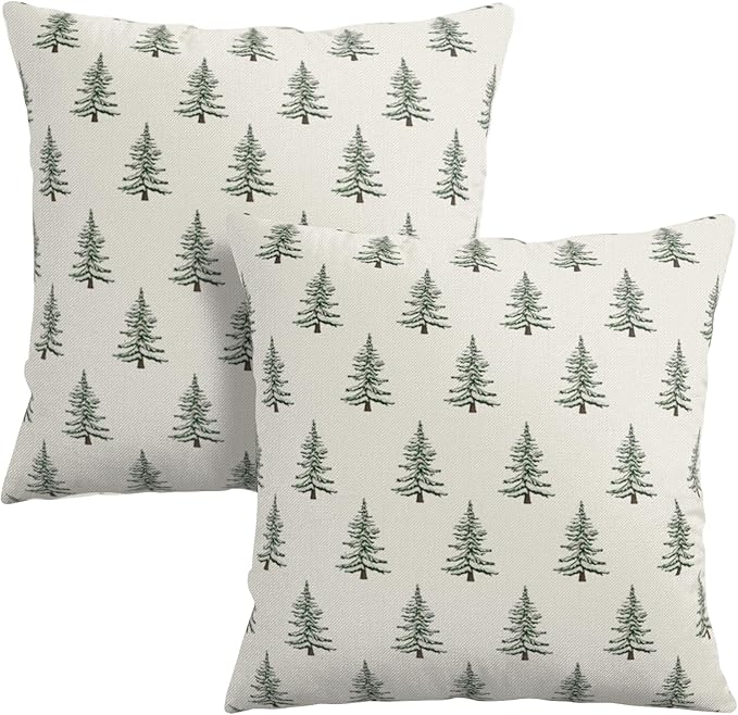 Christmas Tree Throw Pillow Covers Green White Xmas Pillow Cases 22x22 Inch Set of 2 Vintage Rustic Outdoor Seasonal Pillowcase Winter Holiday Farmhouse Decoration for Home Couch