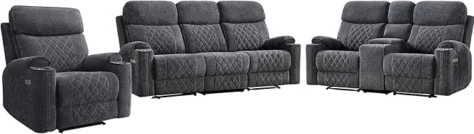 HAOMARKETS 3-Piece Power Recliner Sofa Set with Charging Port, Include Single Recliner Chair, 2-Seater Loveseat Reclining Couch and 3-Seater Reclining Sofa with Cup Holders for Living Room, Dark Grey