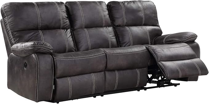Zoey Dark Graphite 84" Power Sofa with Dual Recliners, Microsuede Upholstery, and USB Charging Station