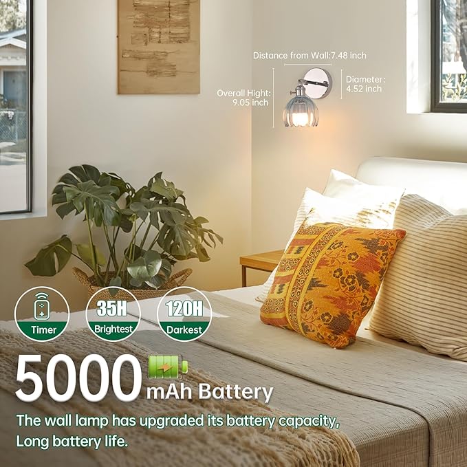 Vintage Wall Sconce Set of 2 - Rechargeable Battery Powered with Remote Control, Clear Light Blue Tulip Glass Lampshade (5000mAh) for Bedroom/Doorway