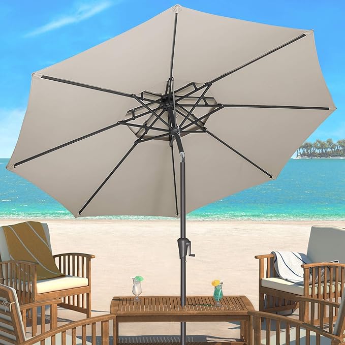9ft Outdoor Patio Umbrella - 2-Tier Table Umbrella Waterprool UV Protection, Sombrillas de Patio with Push Button Tilt, Sun Umbrella for Pool, Porch, Garden, Backyard (Taupe)