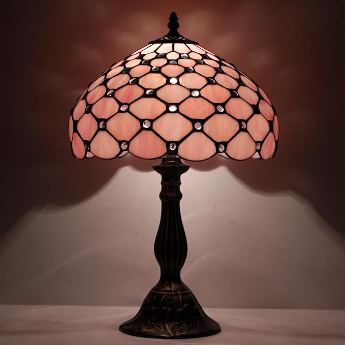 WERFACTORY Tiffany Lamp Pink Stained Glass Bead Table Lamp Desk Bedside Reading Light 12X12X18 Inches Deco Bedroom Living Room Home Office S005 Series