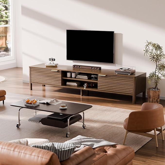 TV Stand for Living Room - up to 80 Inch TVs Mid Century Modern Entertainment Center with Storage and Adjustable Shelves, Media Console Table Walnut 71"