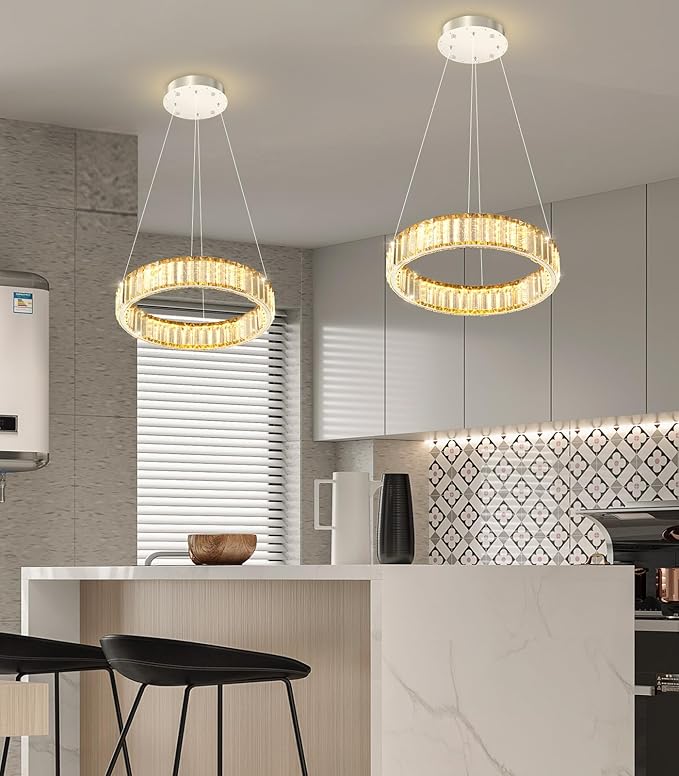 8'' Modern Ring Chandelier Crystal Chandeliers for Dining Room Round LED Dimmable Ceiling Light Fixture for Living Room Bedroom Lighting Silver