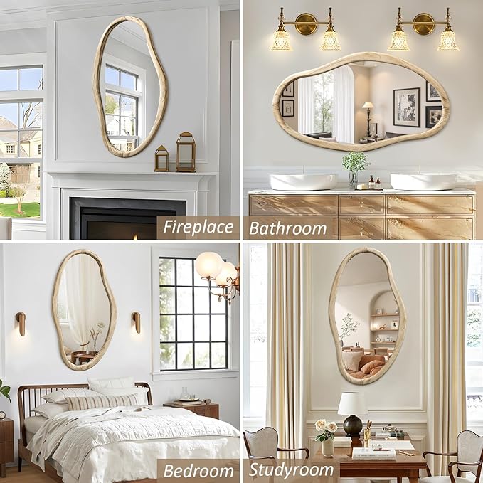 JJUUYOU Irregular Wood Mirror Asymmetrical Bathroom Wall Mounted Mirror 36"x24" Large Horizontal or Vertical Hanging Wall Mirrors for Makeup Bedroom Living Room Wood