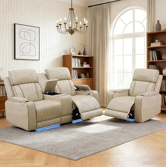Power Reclining Sofa Set for Living Room, Leather Recliner Loveseat and Chair with Cup Holders, Storage Console for House/Home Teather(Loveseat and Chair, Beige)