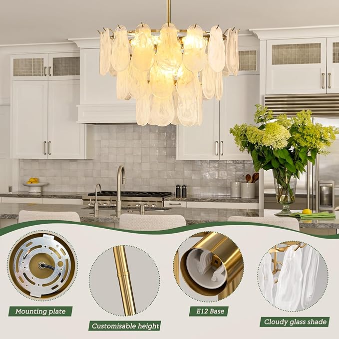 Modern Gold Chandelier Lighting, D23.6 Inch Creative Cloud Glass Pendant Ceiling Fixture Lamp, 3 Tier Round Crystal Glass Chandelier, 9-Light for Living Room Bedroom Dining Room (E12)