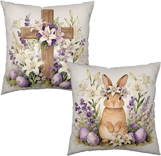 Easter Bunny Throw Pillow Covers 20x20 Set of 2 Watercolor Purple Floral Cross Pillow Covers Spring Lily Flowers Rabbit Farmhouse Decorative Throw Pillows for Home Couch Sofa Bed Porch Decor