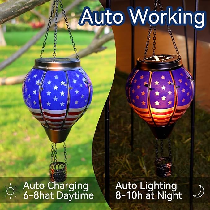 Hot Air Balloon Outdoor Solar Lantern with Flickering Flame, Hanging Light Waterproof for Garden Patio Yard Party Porch Decor, Solar Glass Lamp for Outside Decorative Gifts (Flag)