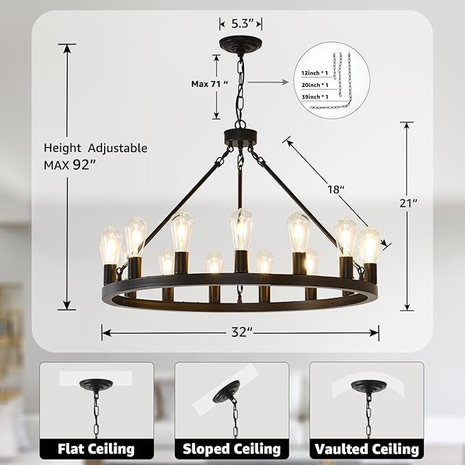 NILSE 15-Light Black Wagon Wheel Chandelier, 32" Round Chandelier for Porch, Iron Industrial Chandeliers Light Fixture for Living Room Kitchen Island Foyer Entryway, E26