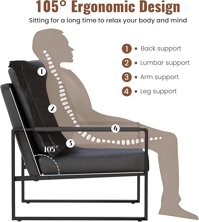 AWQM Modern PU Leather Accent Chair Arm Chair with Extra-Thick Padded Backrest and Seat Cushion Sofa Chairs for Living Room Bedroom, 105 Degree Slant Back, Non-Slip Adsorption Feet-Black（Set of 1）