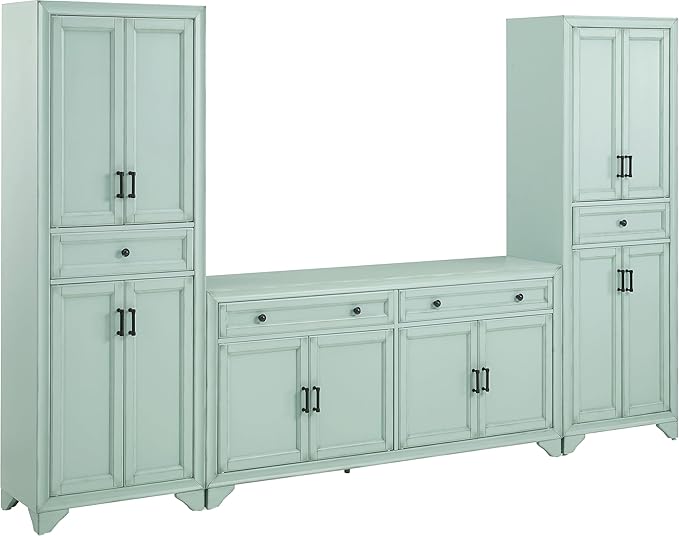 Crosley Furniture Tara 3-Piece Modern Farmhouse Sideboard Buffet Cabinet and Kitchen Storage Pantry Set, Distressed Seafoam Blue