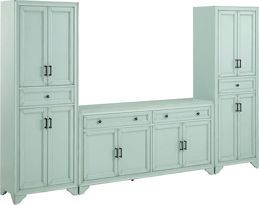 Crosley Furniture Tara 3-Piece Modern Farmhouse Sideboard Buffet Cabinet and Kitchen Storage Pantry Set, Distressed Seafoam Blue