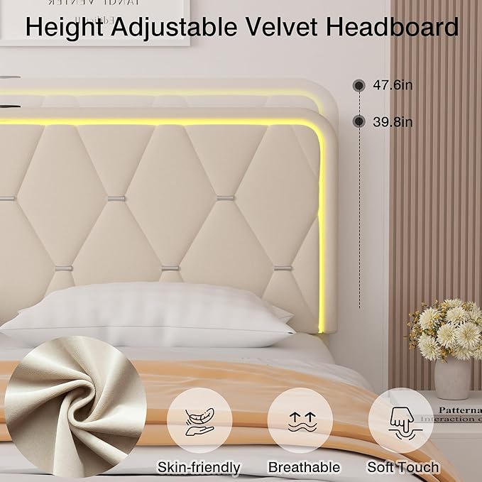 VECELO Upholstered Queen Bed Frame with Headboard Adjustable, Velvet Platform Bed with LED Lights, Charging Station, Mattress Foundation with Wooden Slats, Noise Free, No Box Spring Needed, Beige