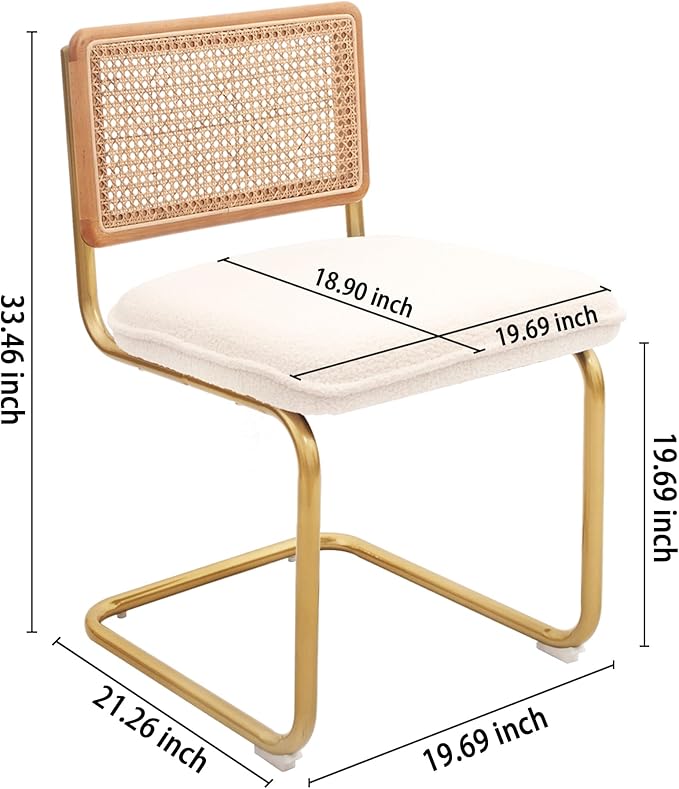 CangLong Modern Dining Chairs Set of 4 with Natural Mesh Rattan Backrest, Upholstered Fleece Seat Armless Accent Chairs with Metal Legs for Kitchen & Living Room, Cream