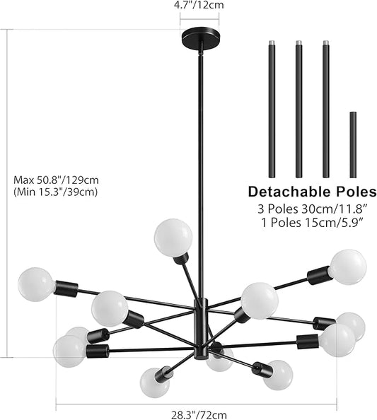 Modern Sputnik Chandeliers Light, 12-Light Black Chandeliers for Dining Room, E26 Height Adjustable Chandelier Ceiling Lighting Fixture for Farmhouse Kitchen Island Living Room Foyer