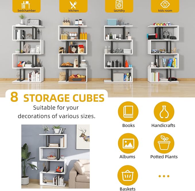 DWVO 5-Tier Geometric Bookshelf, S Shaped Bookshelf Modern Freestanding Display Shelves, Geometric Bookcase Decorative Storage Shelving for Living Room, Home Office, White