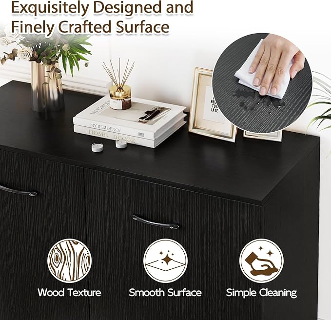Giantex Modern Storage Cabinet, 38" Credenza with 2 Doors and 4 Cubic Shelves, Anti-Tipping Device, Sturdy Metal Hings, Wooden Sideboard Cabinet for Living Room, Kitchen, Entryway, Black