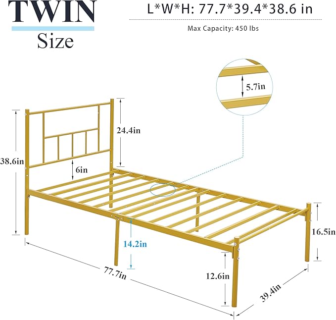 VECELO Twin Metal Platform Bed Frame with Headboard, Heavy Duty Steel Slat Support, Under Bed Storage,No Box Spring Needed, Easy Assembly
