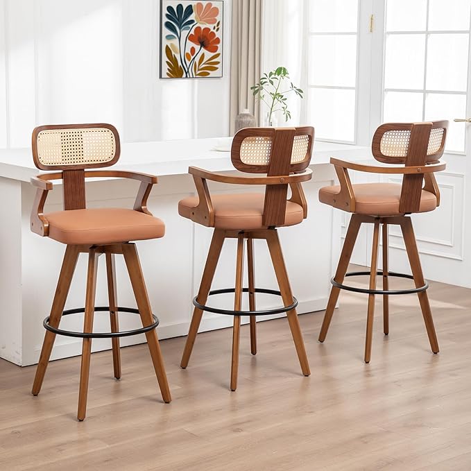 Set of 3 Counter Height Bar Stools - 27 inch Swivel Counter Stools with Walnut Craftsmanship, Cane Back, Upholstered Faux Leather, Kitchen Island Stools for Island/Pub/Kitchen (27" Seat Height, Brown)
