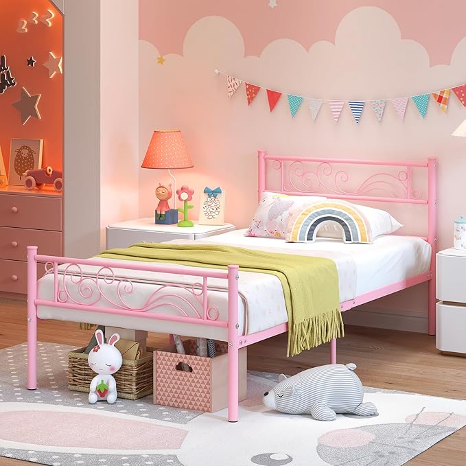 Weehom Twin Bed Frames Metal Platform Heavy Duty Steel Slat Under Bed Storage for Kids Pink