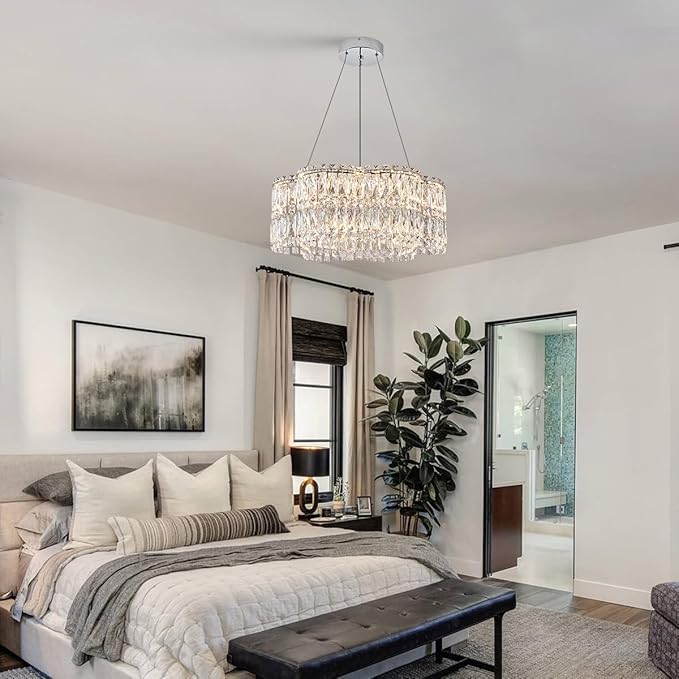 24’’ Crystal LED Chandelier with Remote Control Dimmable 3000-6500K Contemporary Luxury Chandeliers Modern Chrome Light Fixture for Dining Living Room Kitchen Island Foyer Entryway