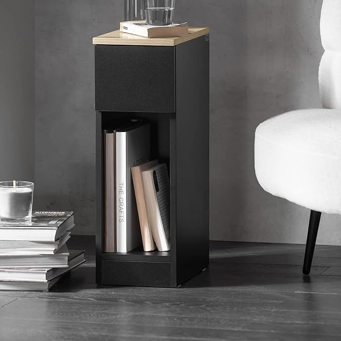 SoBuy Narrow NightStand – Slim Bedside Table with Drawer & Shelf, Small Black End Table for Bedroom, Couch, Entryway, Compact Skinny Night Stand for Small Spaces, FBT111-SCH