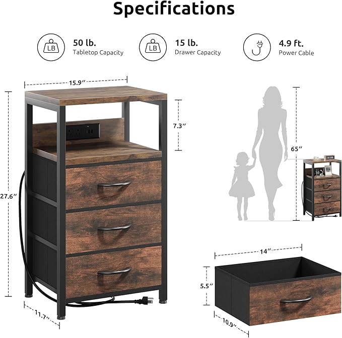 NightStand Bedside Charging Table Bedroom - Night Stand with Charger Station, Modern Nightstand with Open Shelf & 3 Fabric Drawers, Bed Side Table USB-C Port for Dorm Living Room