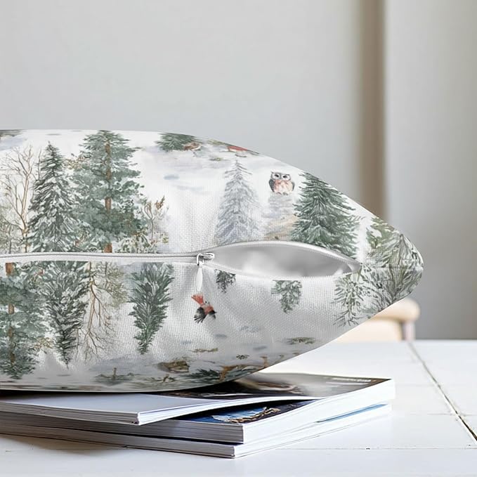 Winter Pillow Covers 18x18 Set of 2 Vintage Rustic Forest Pine Tree Snow Animals Print Xmas Holiday Throw Pillow Cases Farmhouse Christmas Decoration Cushion Case for Home Couch Sofa
