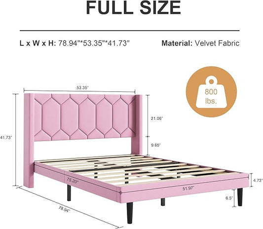 Full Size Bed Frame with Velvet Upholstered Headboard, Platform Bed Frame No Box Spring Needed, Modern Bedframe with Strong Wooden Slats, Pink
