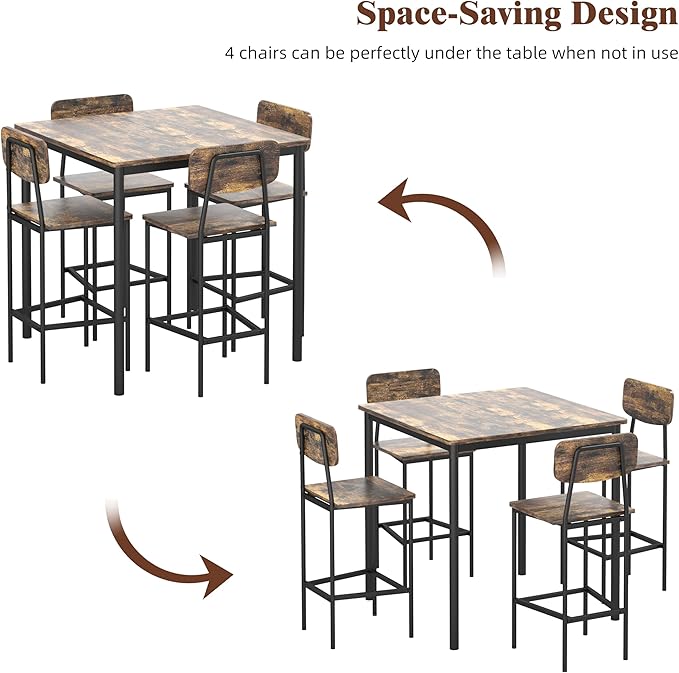 Dining Table Set for 4, 5 Piece Kitchen Table with Chairs, Sturdy Industrial Space Saving Dinette Set for Pub, Family Dinners, Apartment, Dark Brown